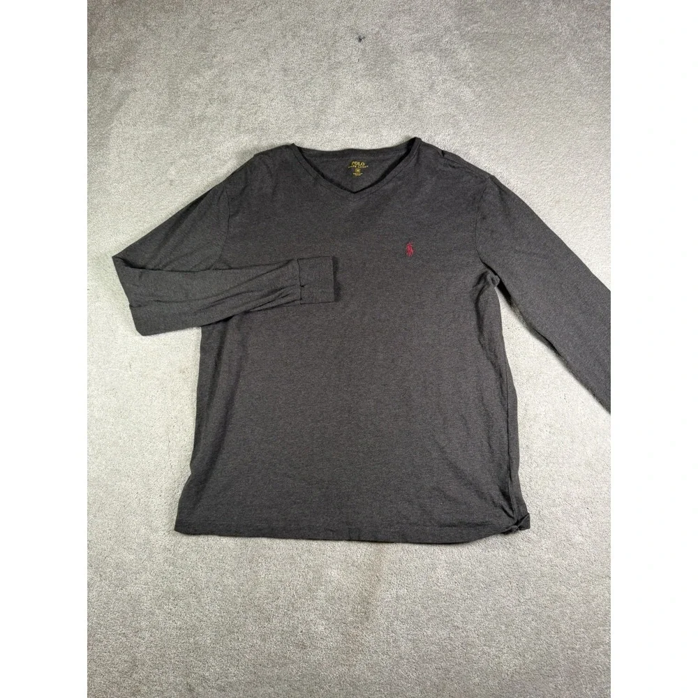 Polo Ralph Lauren T-Shirt Mens M Grey Excellent V-Neck Long Sleeve Pony Logo